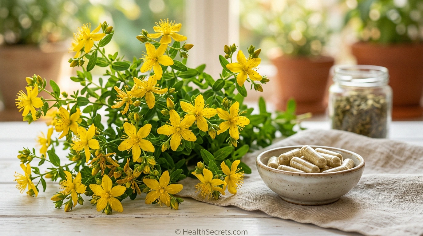 St. John’s Wort yellow flowers in bloom alongside supplement capsules