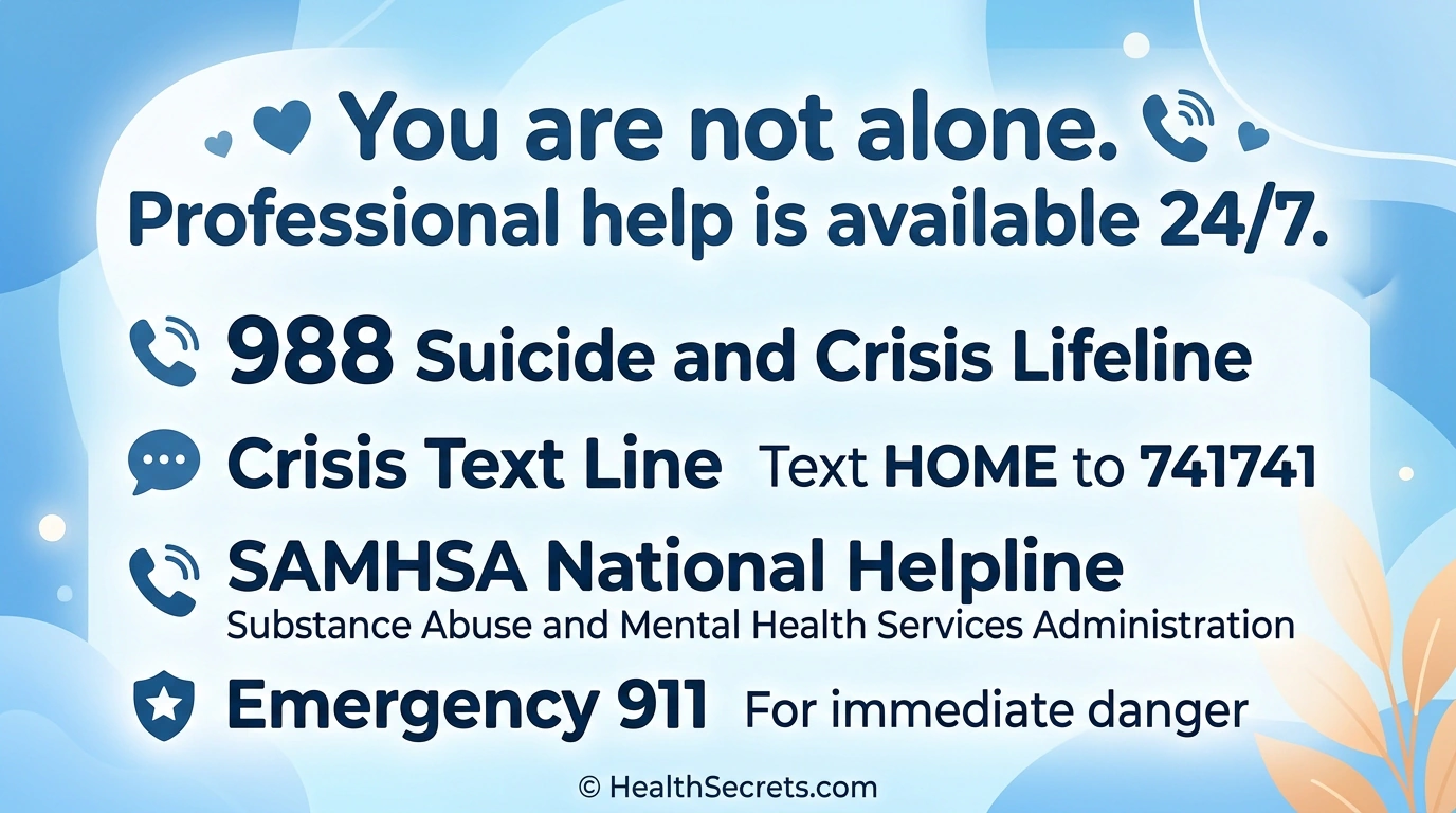 Mental health crisis resources card showing 988 Lifeline, Crisis Text Line, SAMHSA helpline, and emergency numbers