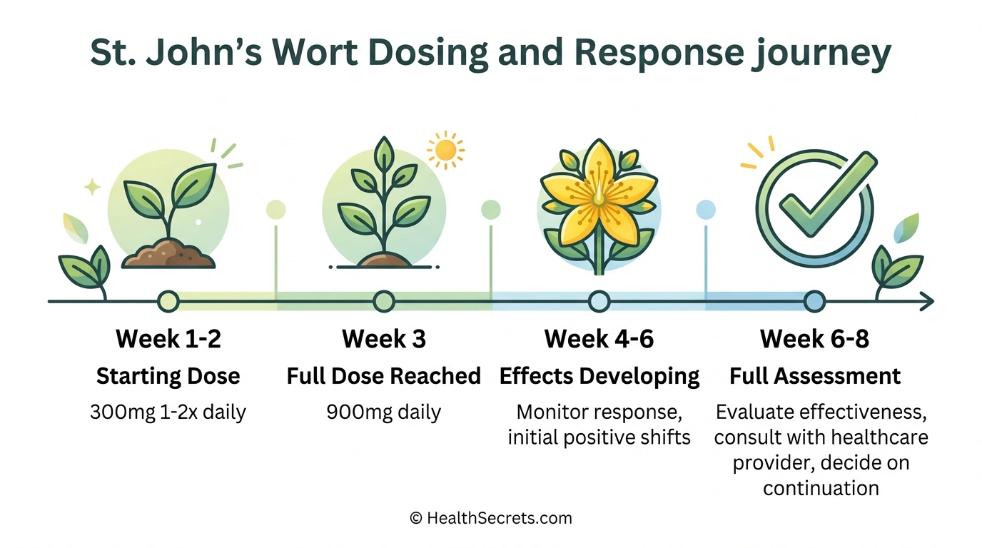 Timeline showing St. John’s Wort dosing progression from starting dose through full effect assessment over 6-8 weeks