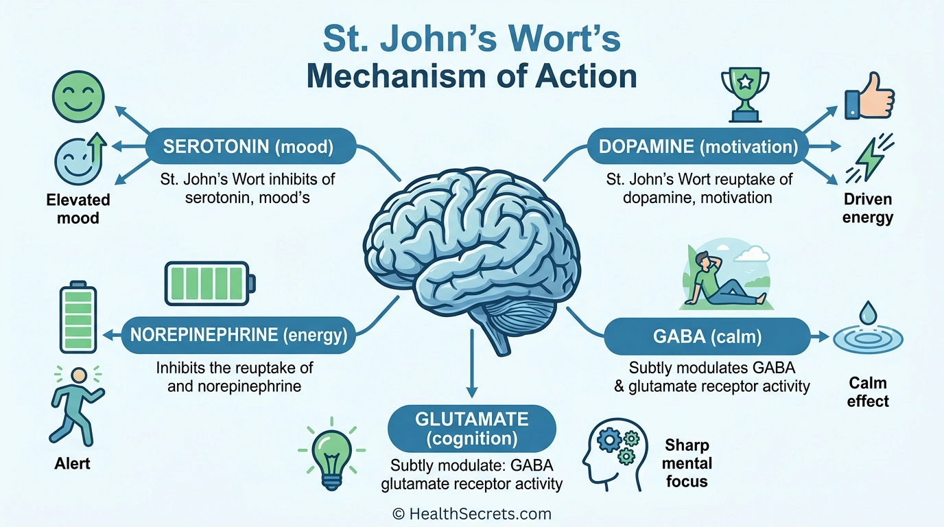 Infographic showing St. John’s Wort affecting five neurotransmitter systems including serotonin, dopamine, and norepinephrine