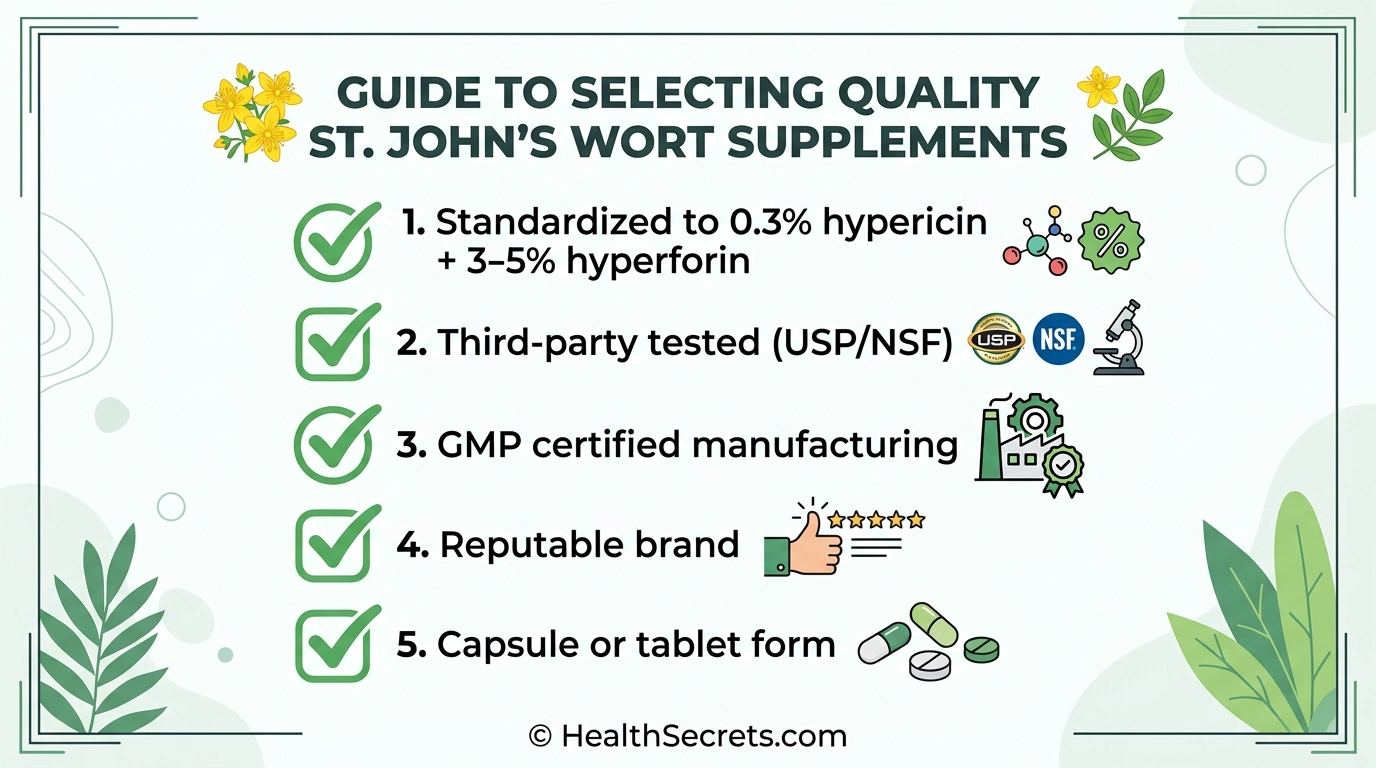 Quality checklist for selecting St. John’s Wort supplements showing standardization, testing, and certification requirements