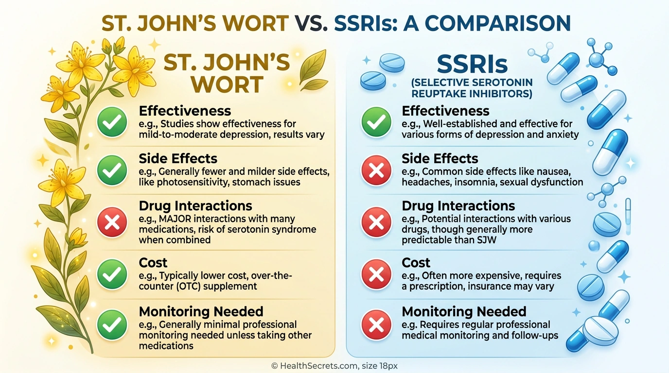 Side-by-side comparison of St. John’s Wort versus SSRIs showing effectiveness, side effects, and drug interactions