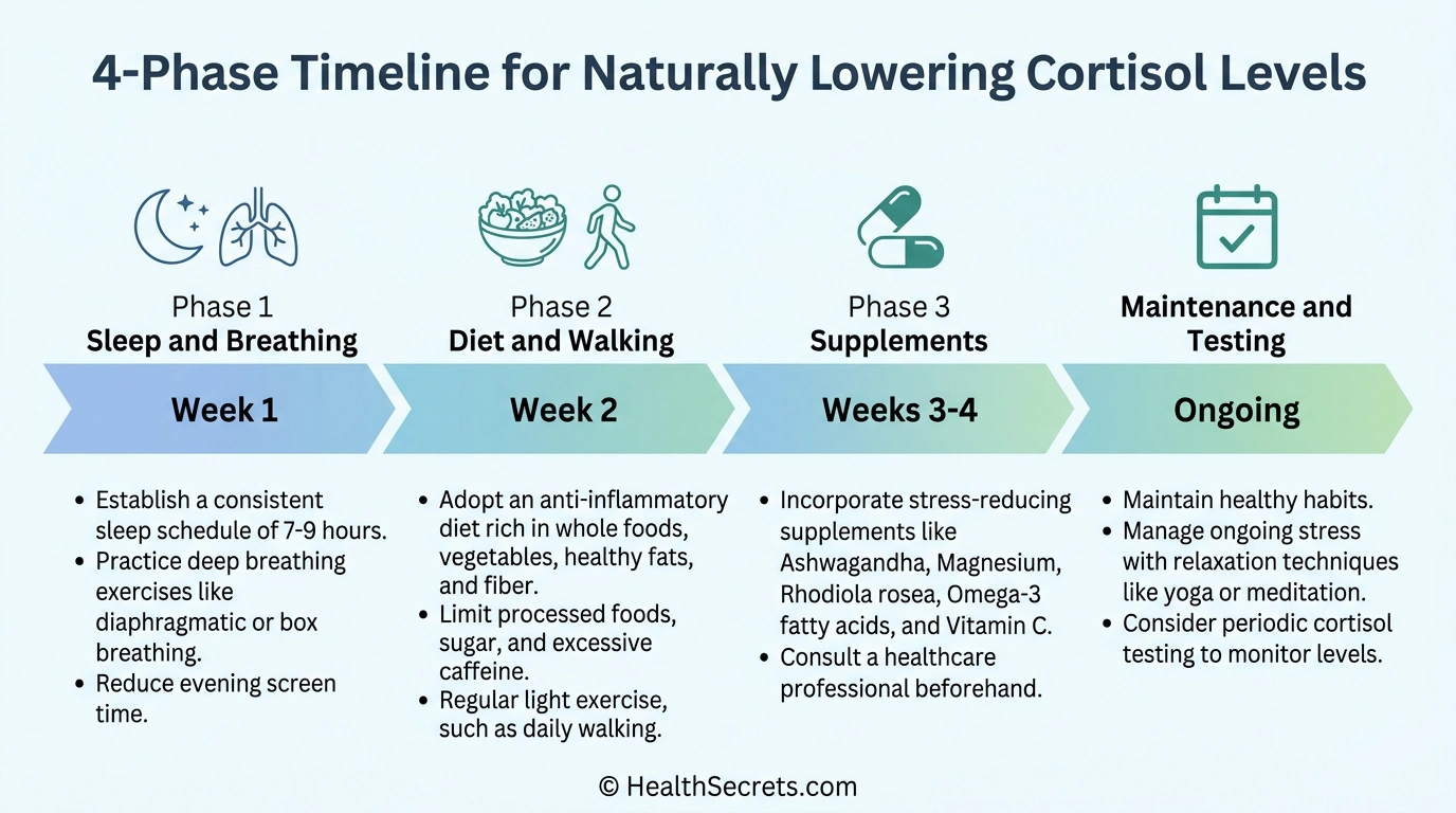 Four-phase timeline infographic for the cortisol-lowering action plan covering sleep, diet, supplements, and ongoing maintenance
