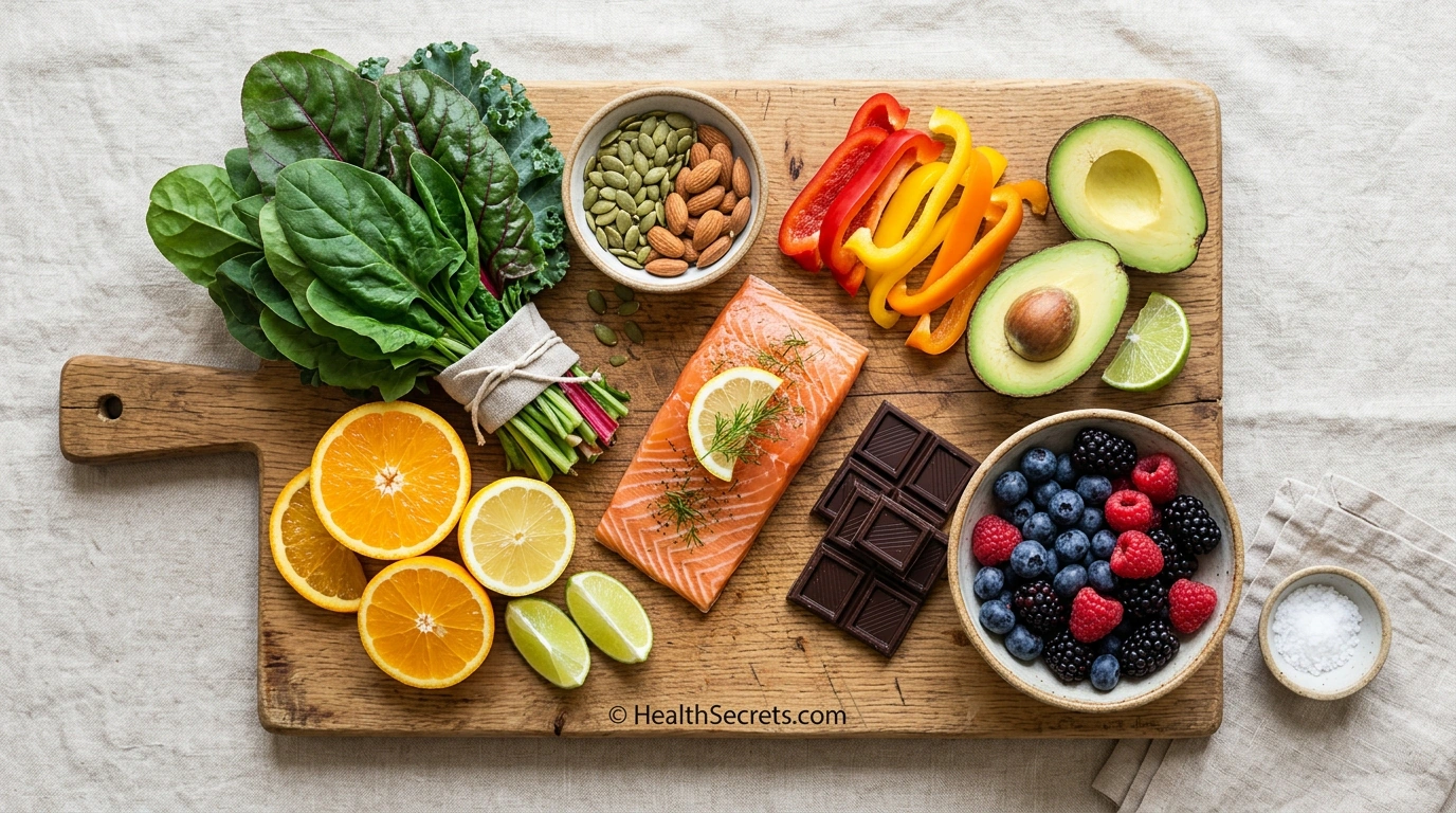 Flat lay of cortisol-lowering foods including leafy greens, salmon, nuts, citrus, and dark chocolate