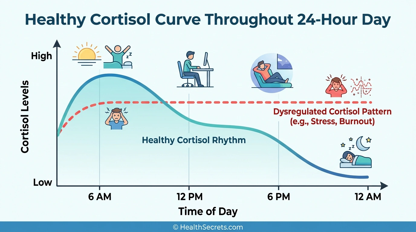 Infographic comparing healthy cortisol rhythm versus dysregulated cortisol levels throughout a 24-hour day