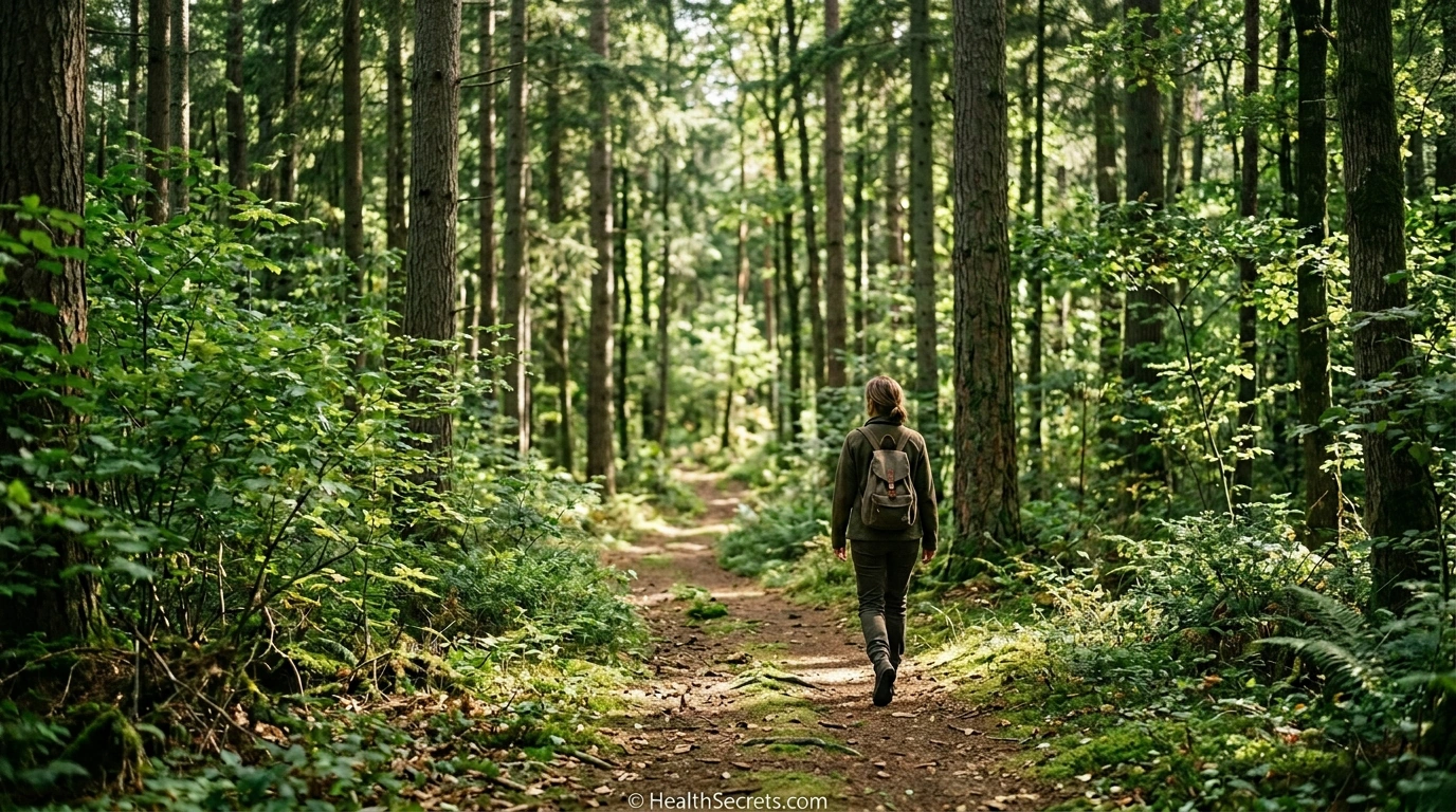 Person practicing forest bathing by walking mindfully through a sunlit forest trail to reduce cortisol