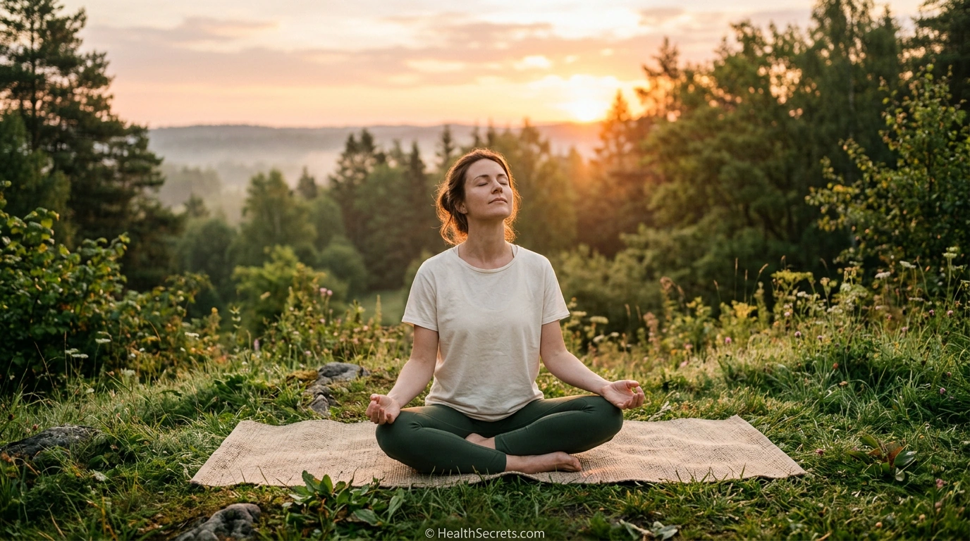 Person practicing deep breathing outdoors at sunrise to lower cortisol naturally