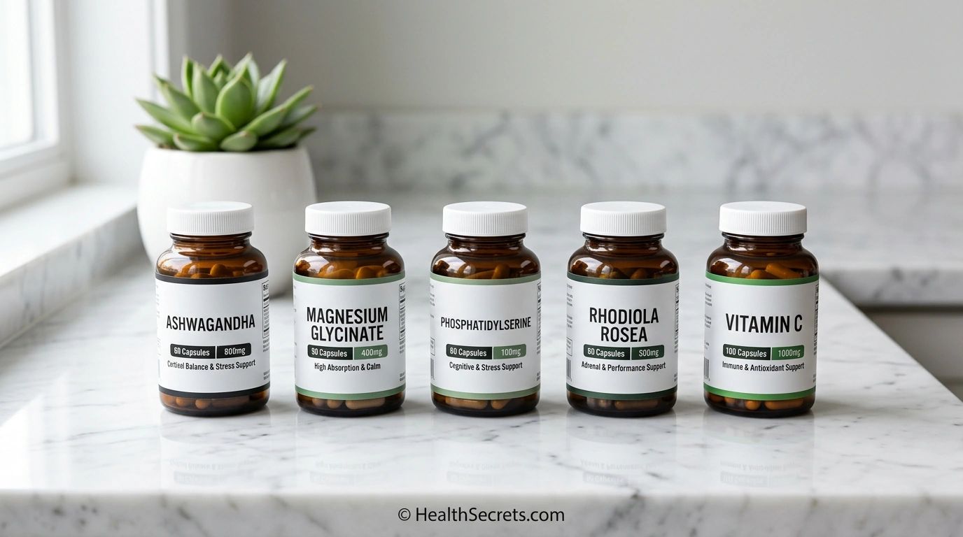 Row of cortisol-lowering supplements including ashwagandha, magnesium, phosphatidylserine, rhodiola, and vitamin C
