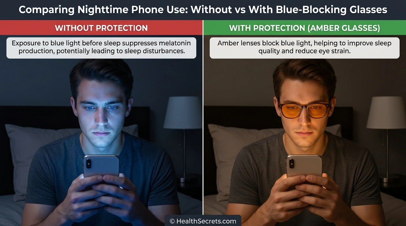 Comparison of screen use at night without and with blue light blocking glasses showing melatonin protection