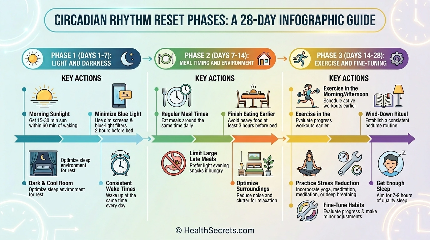 Circadian rhythm reset action plan timeline showing three phases over 28 days with key strategies for each phase