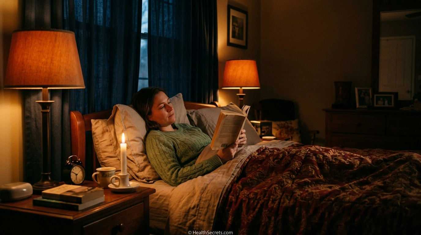 Cozy bedroom with amber lighting and no screens showing ideal evening darkness environment for melatonin preservation