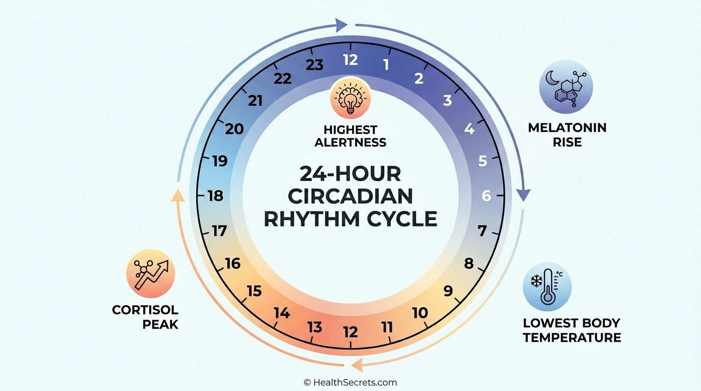 24-hour circadian rhythm cycle diagram showing cortisol peak in morning, melatonin rise at night, body temperature fluctuations, and alertness patterns throughout the day