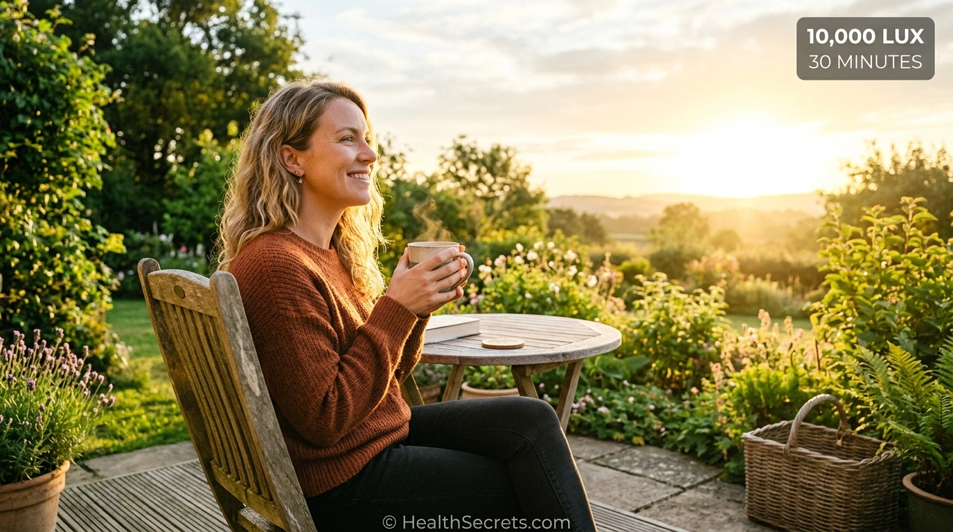 Person getting morning sunlight exposure outdoors for circadian rhythm reset showing recommended 10000 lux for 30 minutes