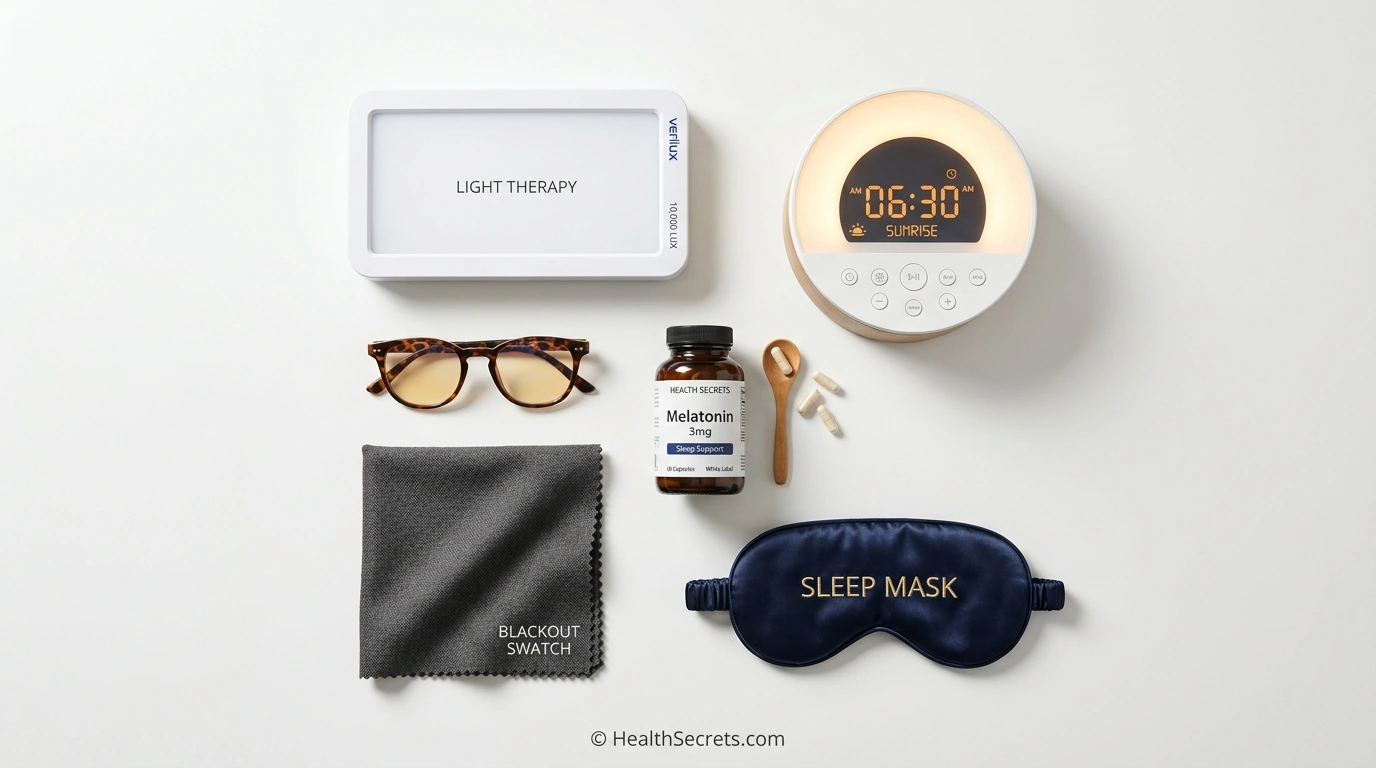 Circadian rhythm reset product recommendations including light therapy lamp blue blocking glasses blackout curtains sleep mask melatonin and sunrise alarm