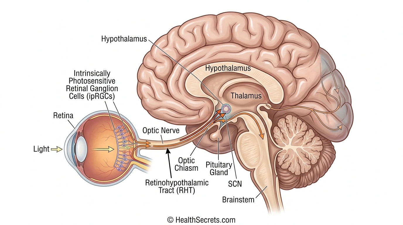 Anatomical diagram of the suprachiasmatic nucleus SCN in the hypothalamus showing light pathway from retina through ipRGC cells to master clock