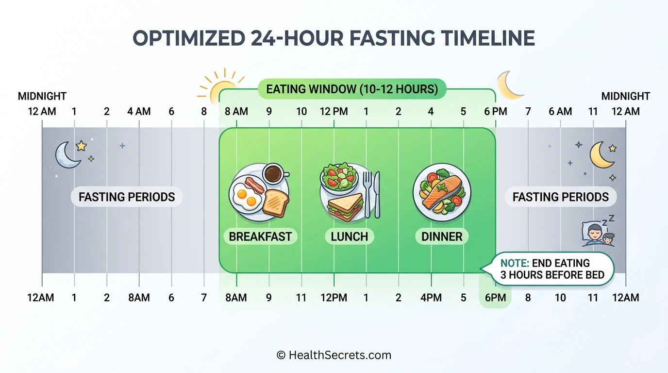 Time-restricted eating infographic showing 10-12 hour eating window with meals aligned to circadian rhythm