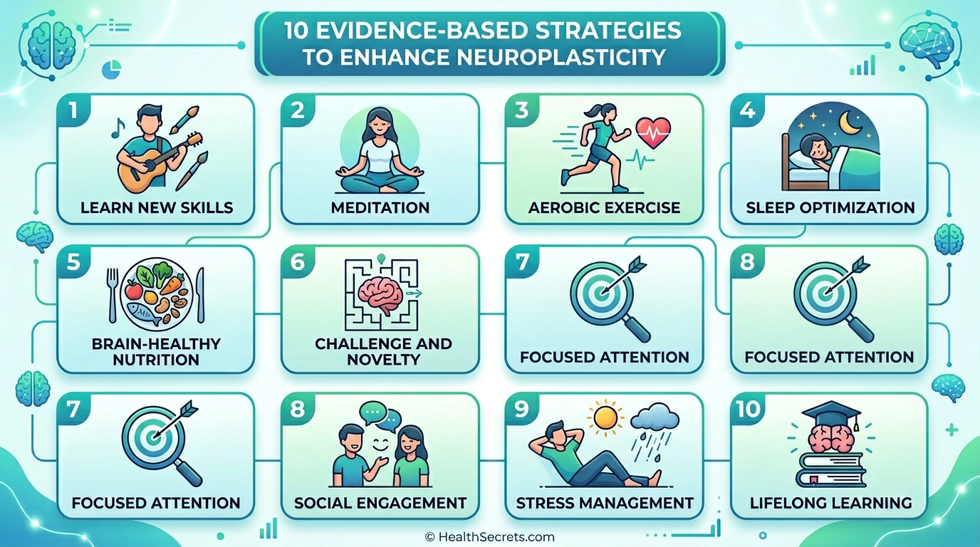 Infographic listing ten evidence-based strategies to enhance neuroplasticity including learning meditation and exercise
