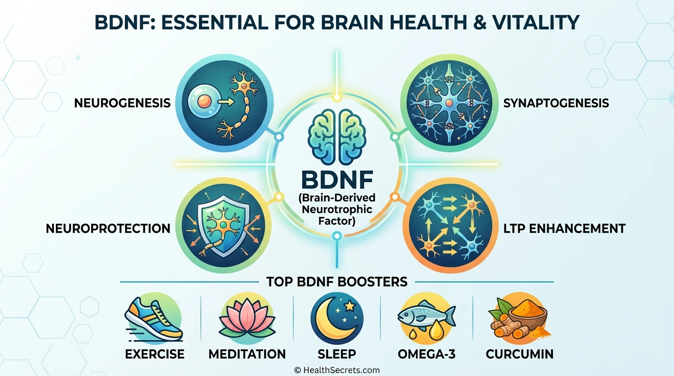 Infographic showing BDNF brain-derived neurotrophic factor functions and natural ways to increase BDNF levels