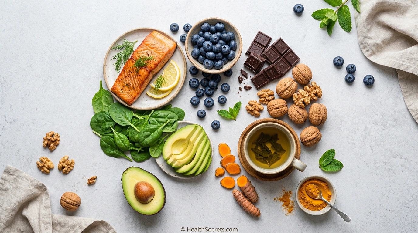 Flat lay photograph of brain-healthy foods including salmon blueberries dark chocolate walnuts and turmeric for neuroplasticity