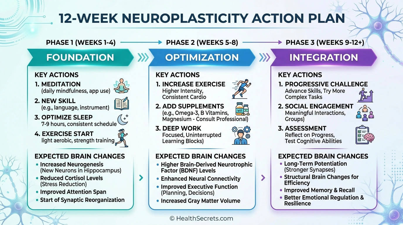 Timeline infographic showing 12-week neuroplasticity enhancement action plan with three phases and expected brain changes