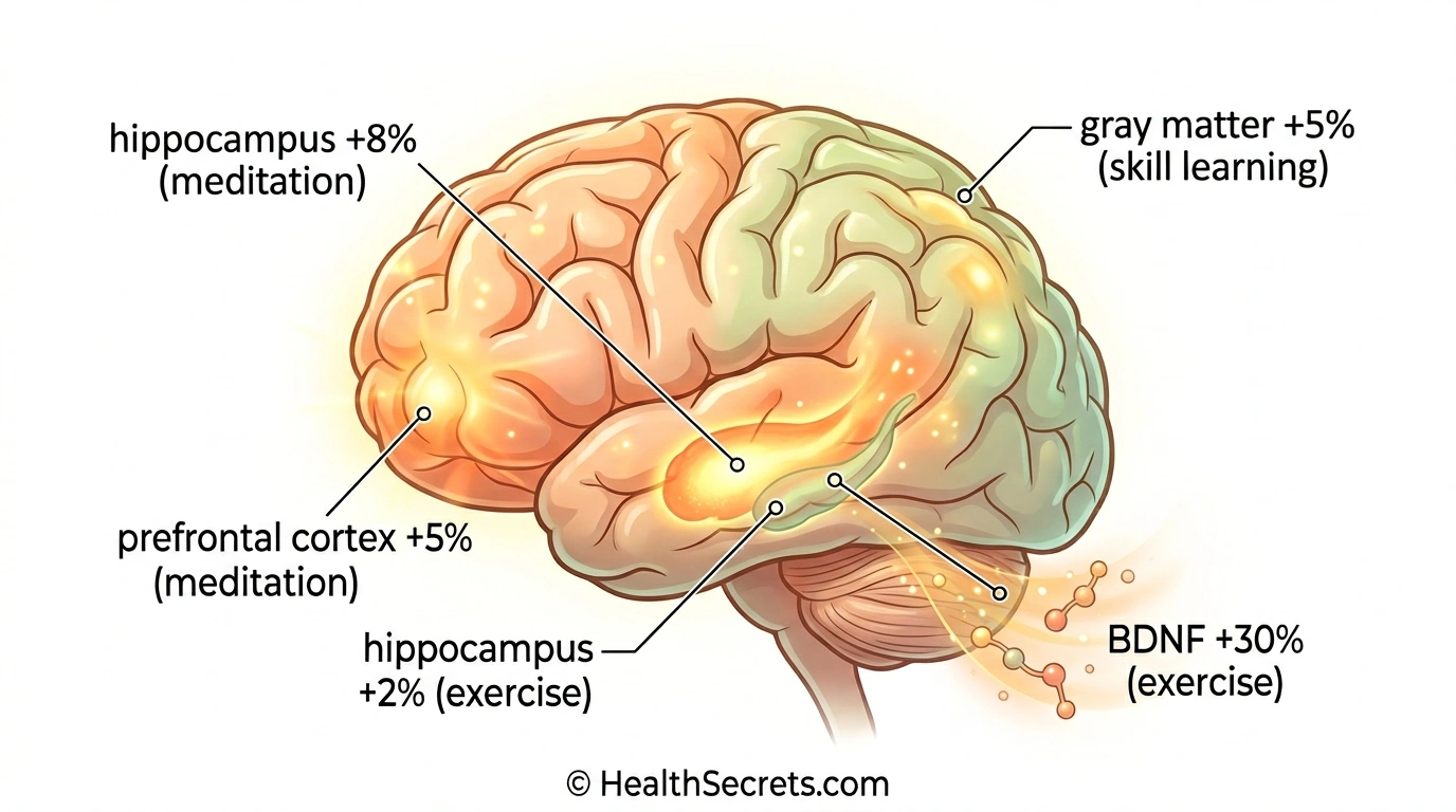 Illustrated brain showing measurable volume increases from meditation exercise and skill learning