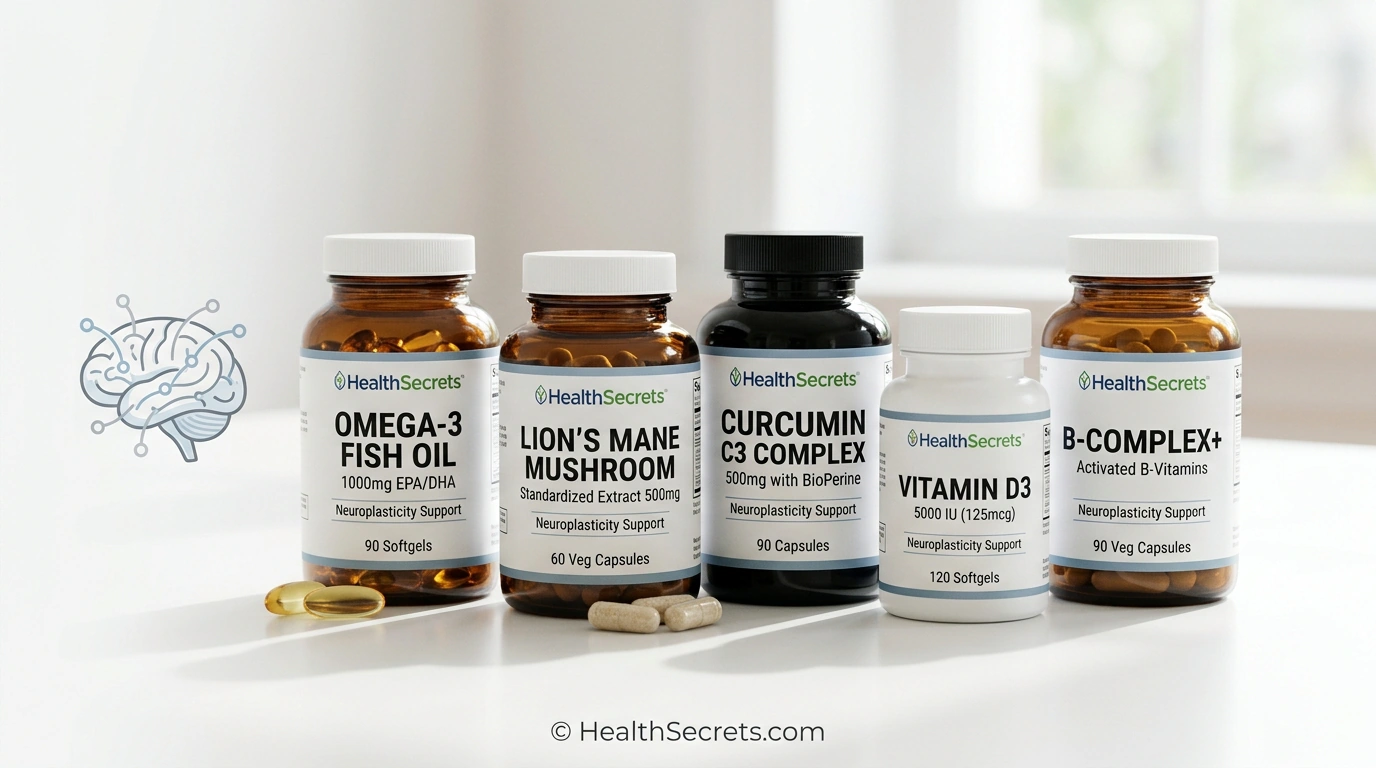 Product photography of top neuroplasticity supplements including omega-3 lion's mane curcumin vitamin D and B-complex