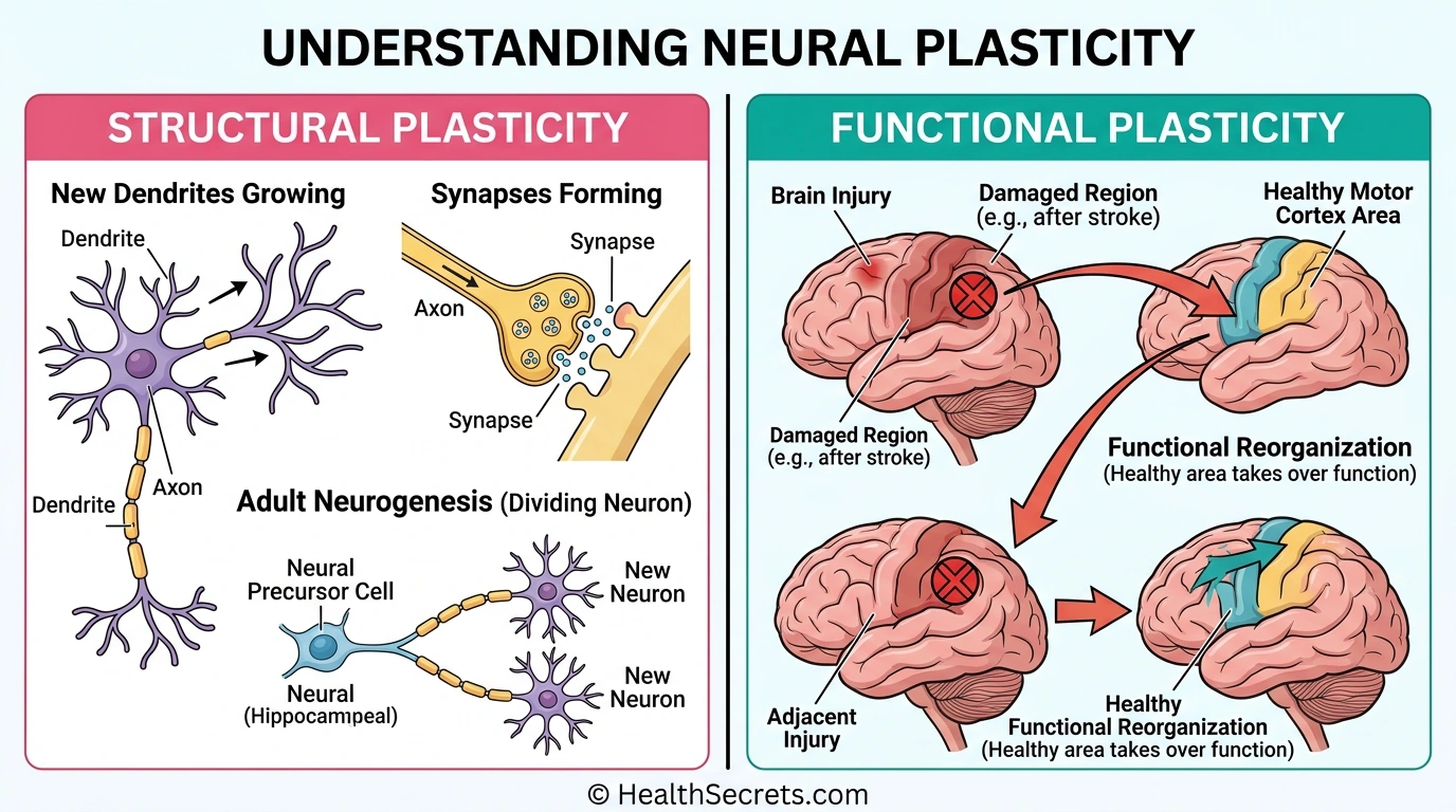 Side-by-side diagram comparing structural plasticity showing new neural growth and functional plasticity showing brain reorganization