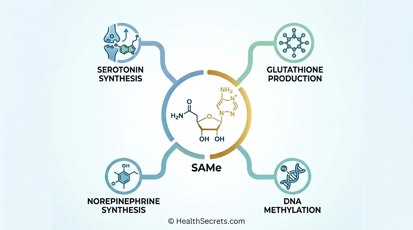 SAMe S-adenosyl methionine molecule diagram showing methylation pathways for neurotransmitter synthesis serotonin dopamine norepinephrine