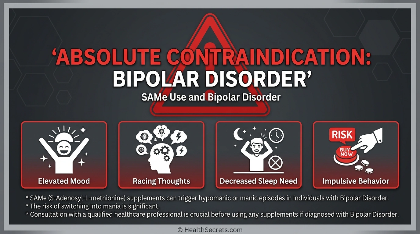 SAMe bipolar disorder contraindication warning graphic showing absolute restriction and mania symptoms to watch for
