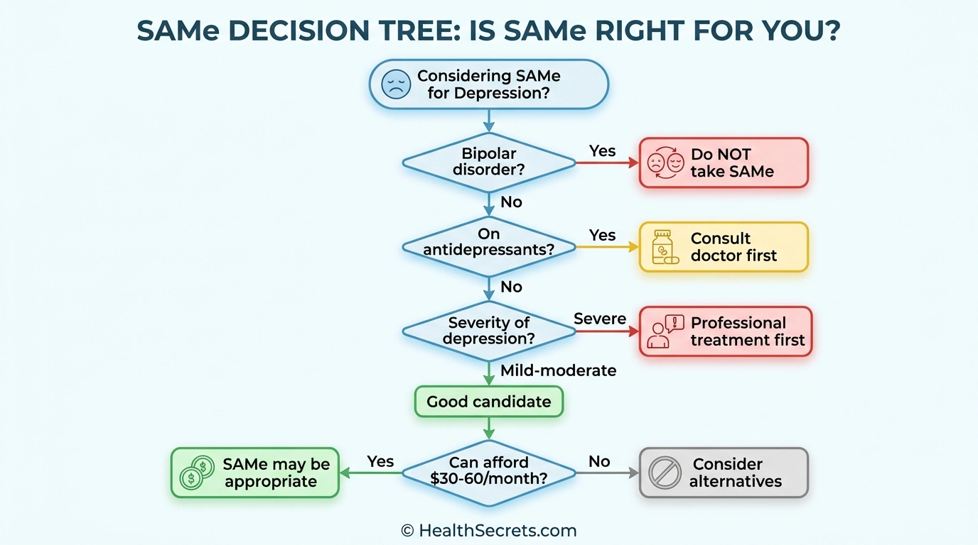 SAMe for depression decision tree flowchart helping determine if supplement is appropriate based on health history and situation