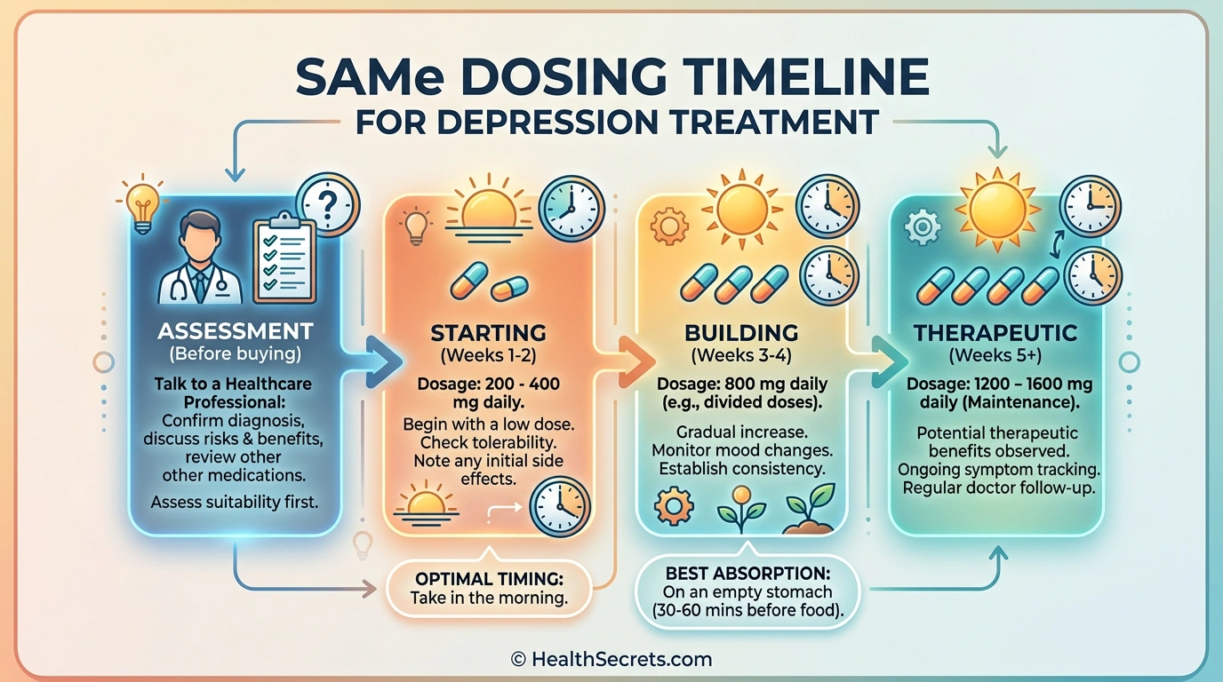 SAMe dosing protocol timeline showing gradual increase from 200mg to 1600mg daily over 6 weeks for depression treatment