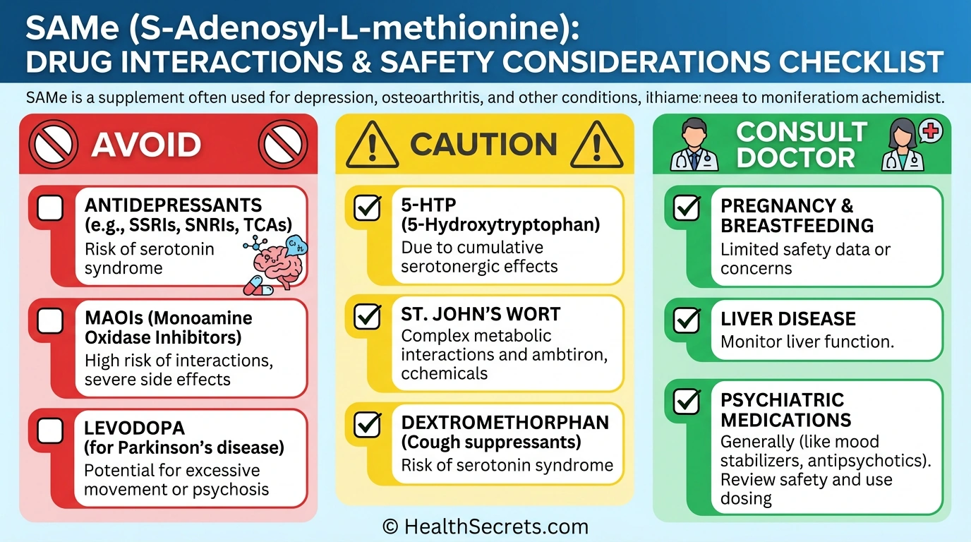 SAMe drug interactions and safety checklist showing medications and supplements to avoid or use with caution