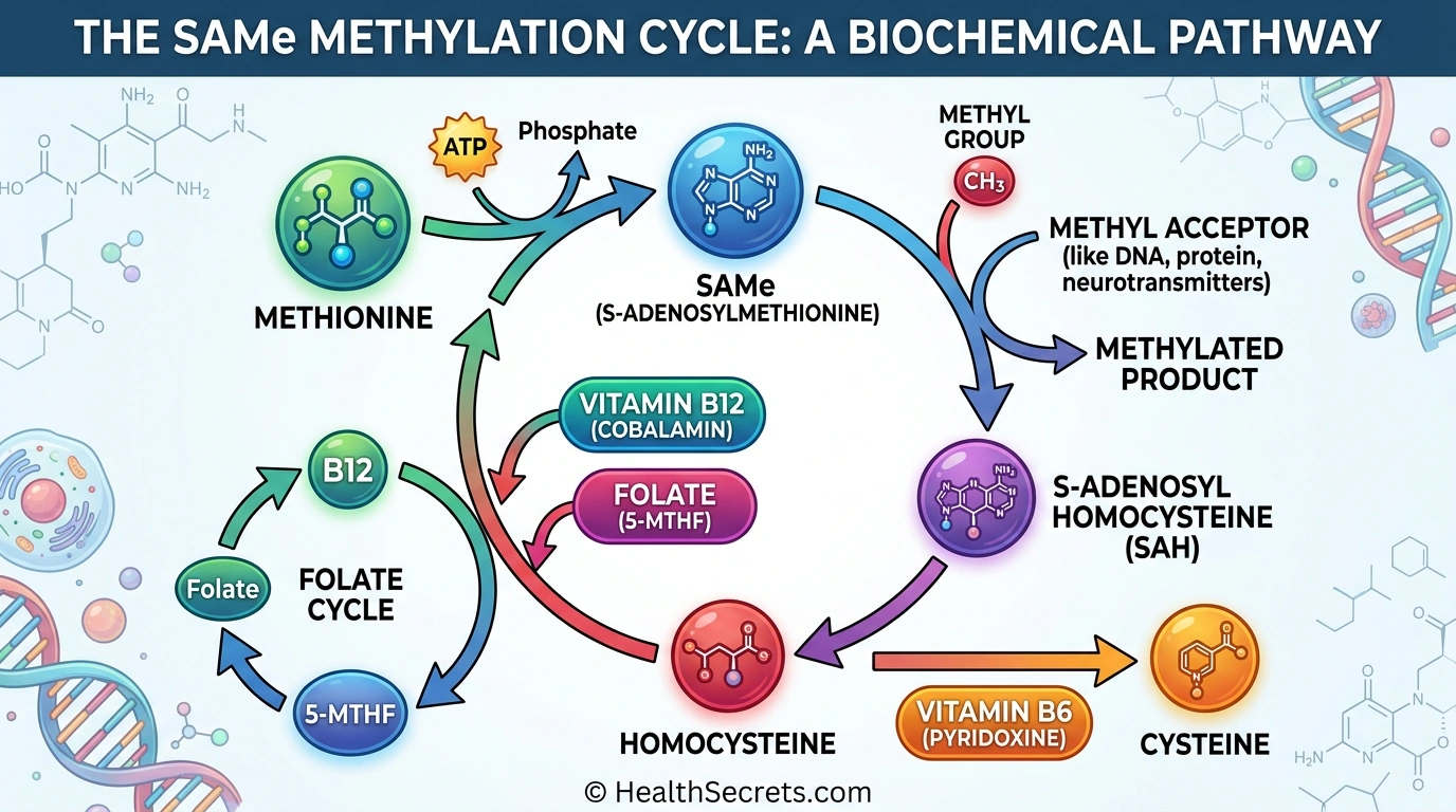 SAMe methylation cycle diagram showing conversion of methionine to SAMe and role of B vitamins in the cycle