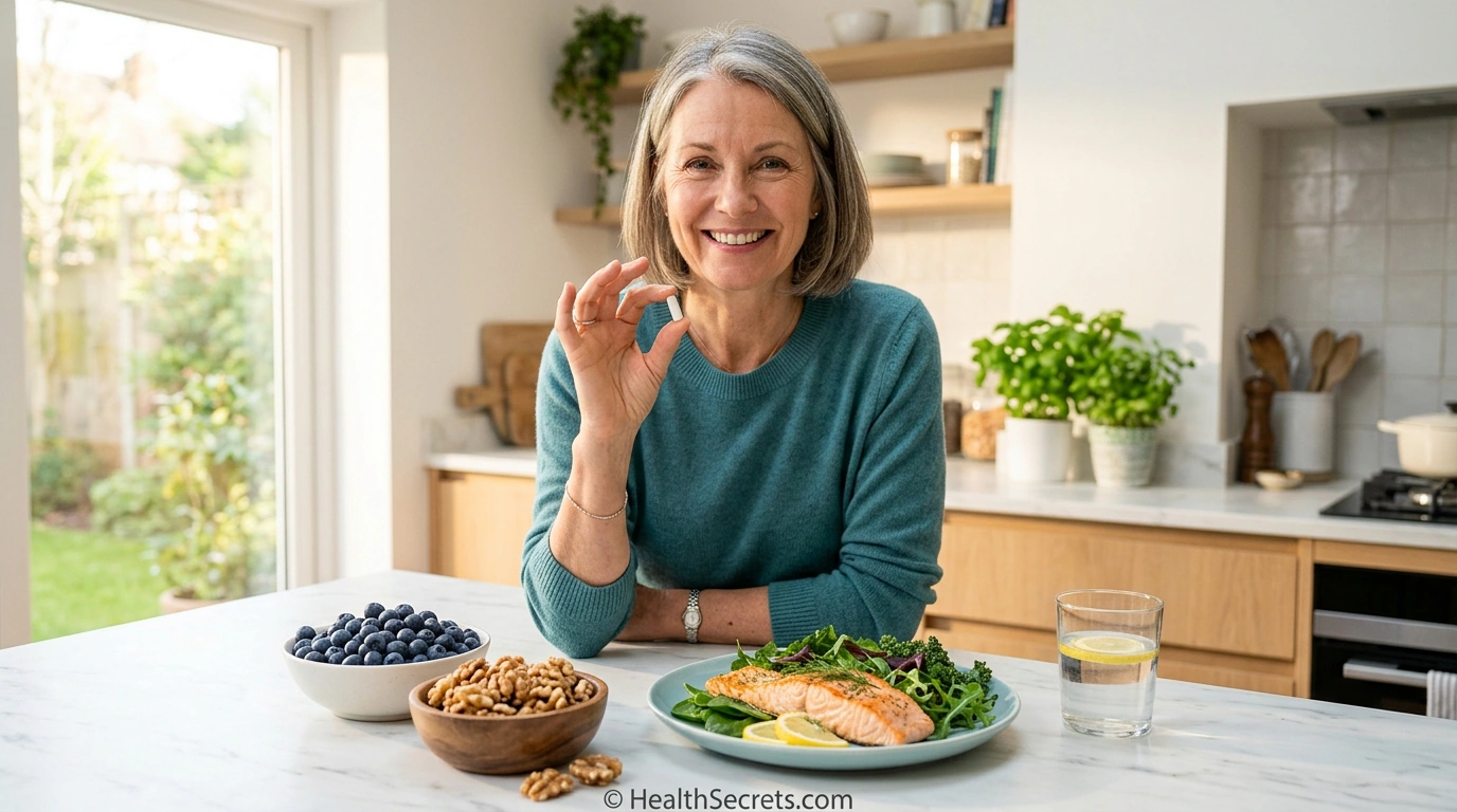 Person considering acetyl-L-carnitine supplement alongside brain-healthy foods in a modern kitchen