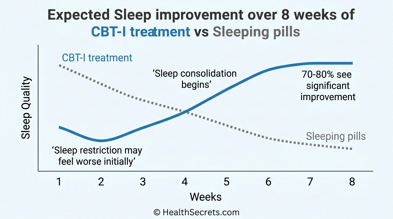 Graph comparing CBT-I improvement timeline over 8 weeks versus sleeping pill effectiveness showing CBT-I superiority long-term