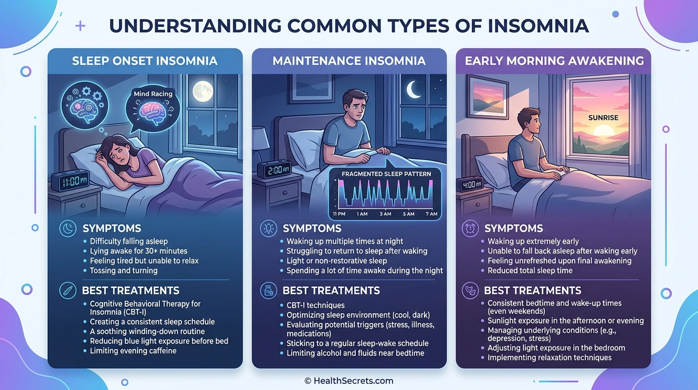 Infographic comparing three types of insomnia: sleep onset, maintenance, and early morning awakening with symptoms and treatments