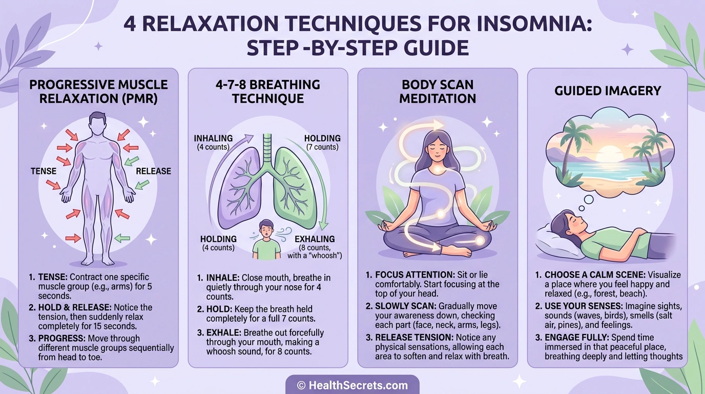 Step by step infographic showing four relaxation techniques for treating sleep onset insomnia
