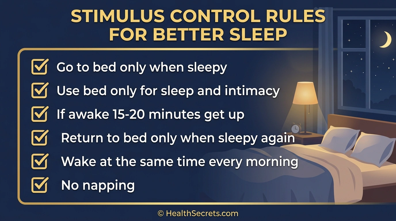 Checklist infographic showing six stimulus control therapy rules for treating insomnia