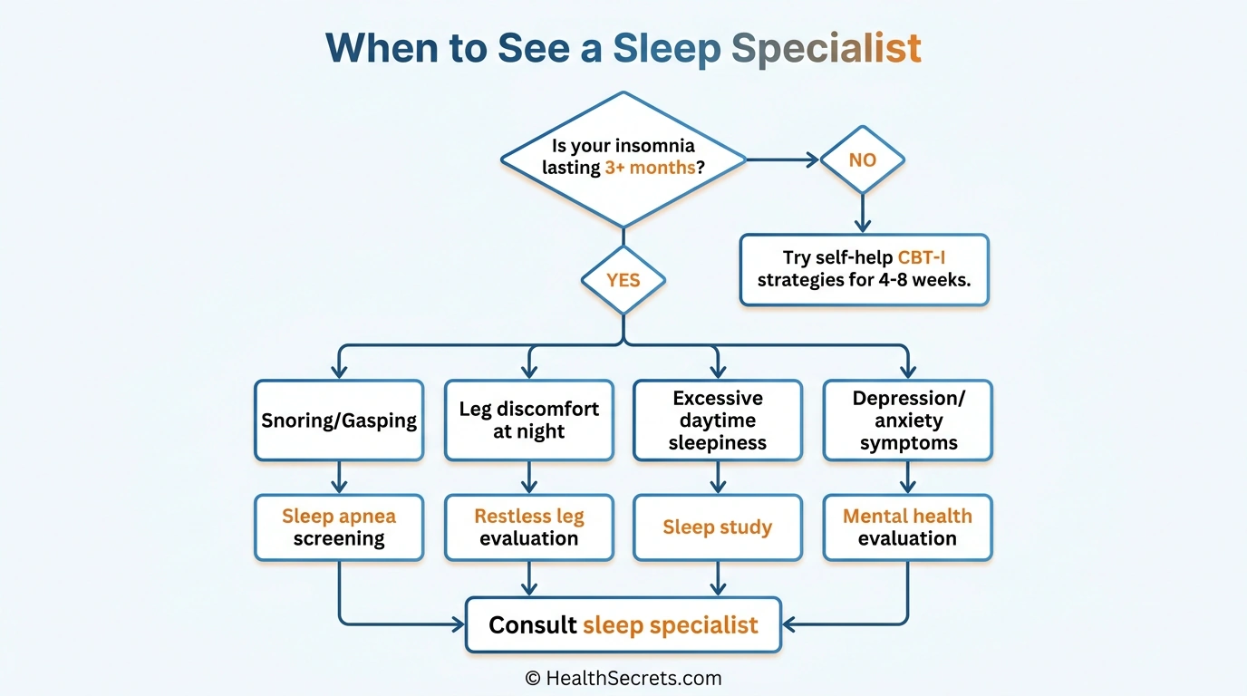 Decision tree flowchart helping readers determine when to consult a sleep specialist for insomnia