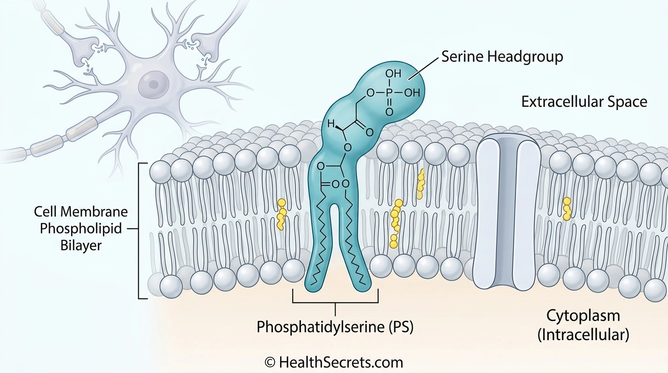 Phosphatidylserine molecule structure within brain neuron cell membrane phospholipid bilayer illustration
