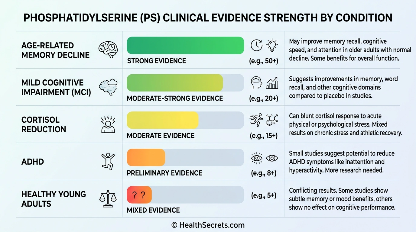 Phosphatidylserine clinical evidence strength chart by condition showing memory aging MCI cortisol ADHD