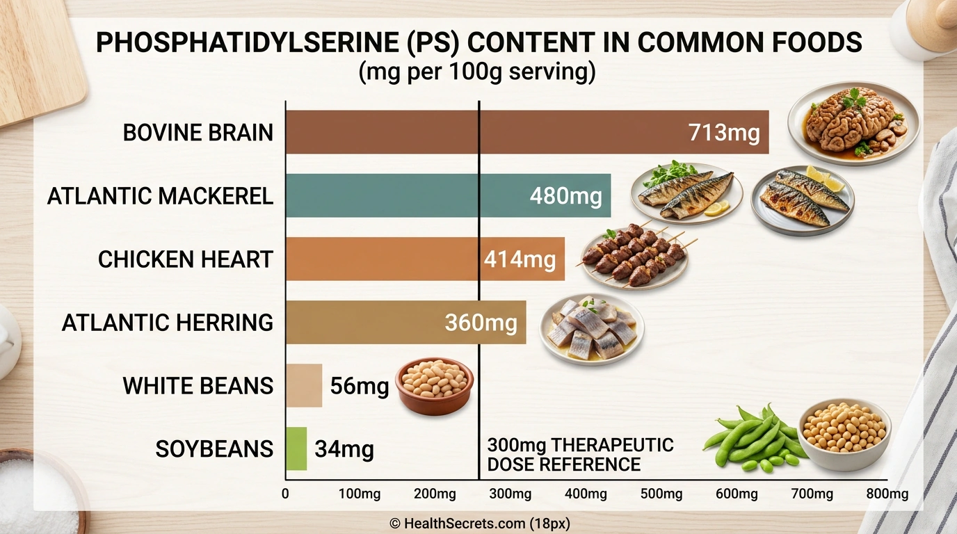 Phosphatidylserine food sources chart showing milligrams per 100 grams compared to therapeutic dose