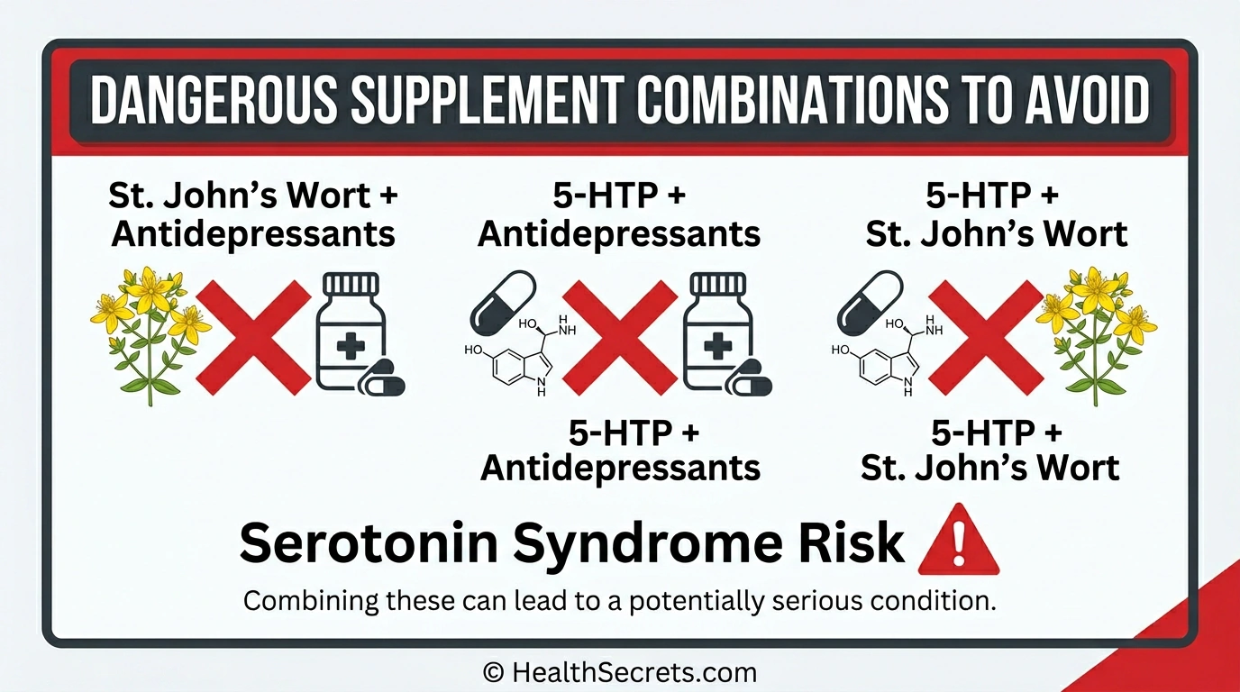Safety graphic showing three dangerous supplement combinations that risk serotonin syndrome