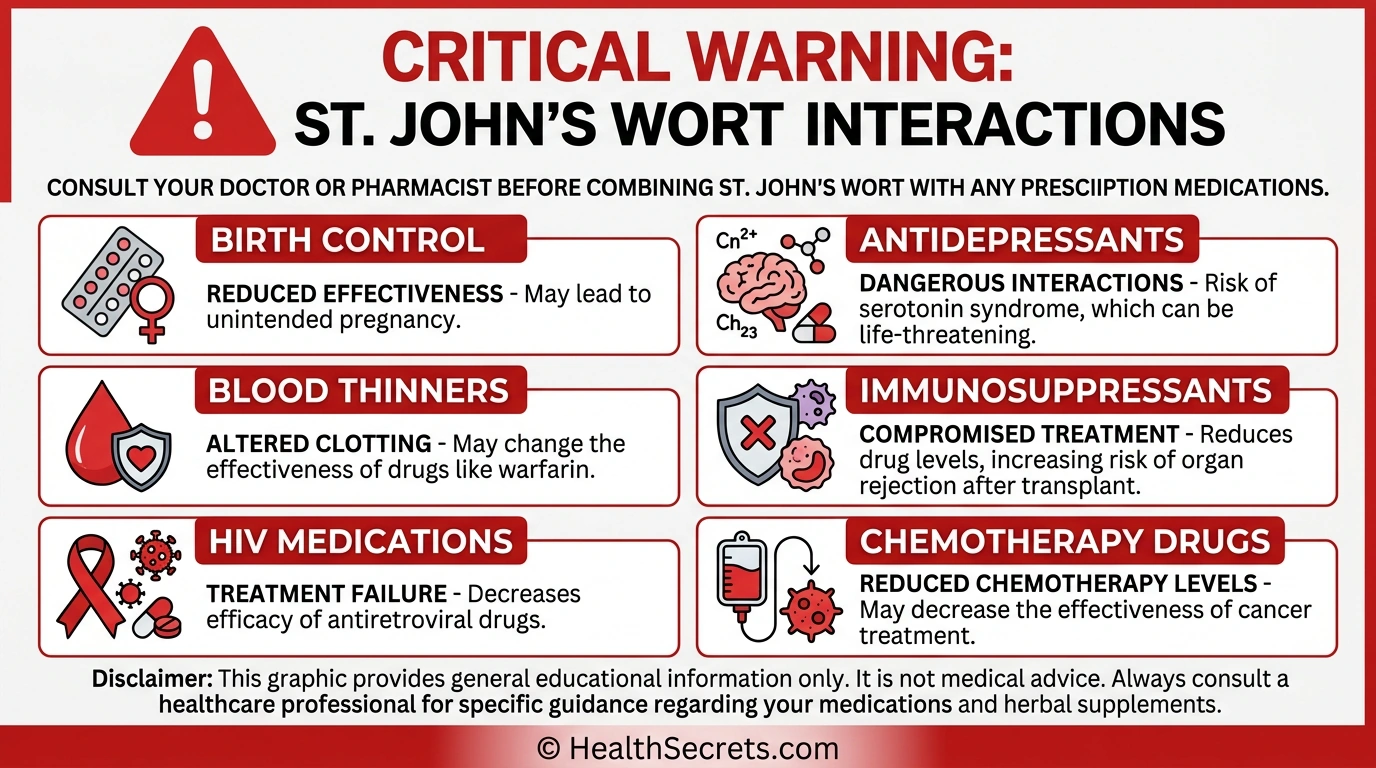 Warning infographic showing major drug interactions with St. John's wort including birth control and antidepressants