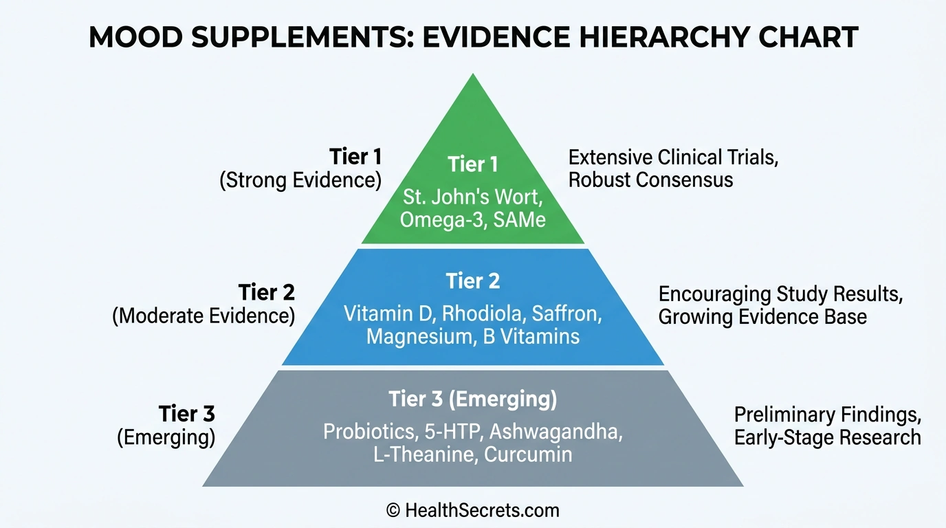 Evidence tier chart ranking mood supplements from strongest to emerging evidence