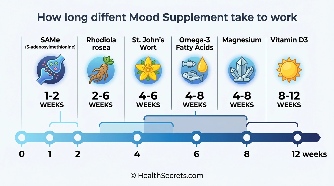Timeline showing how long different mood supplements take to produce effects from 1 week to 12 weeks