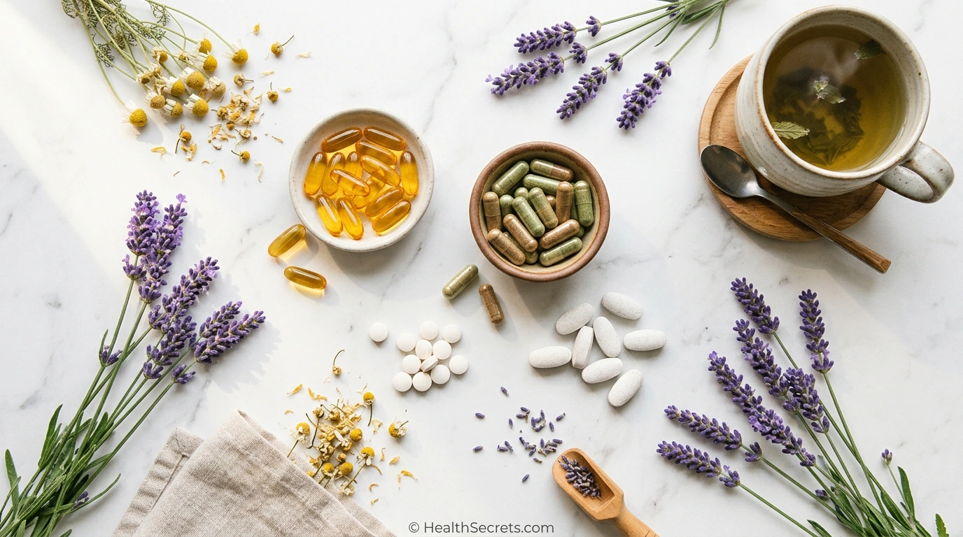 Assortment of evidence-based mood-boosting supplements arranged on a marble surface with calming herbs