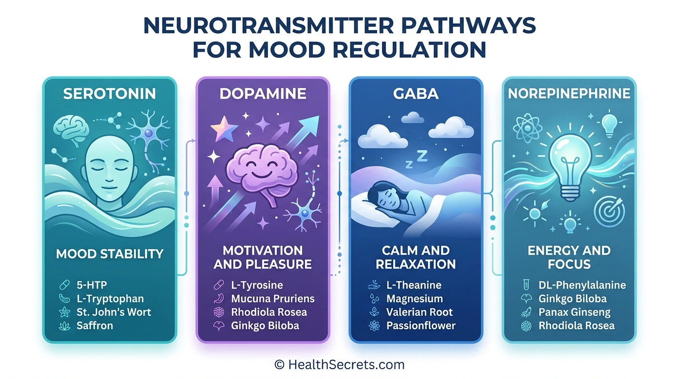Infographic showing four neurotransmitter pathways involved in mood and which supplements target each pathway