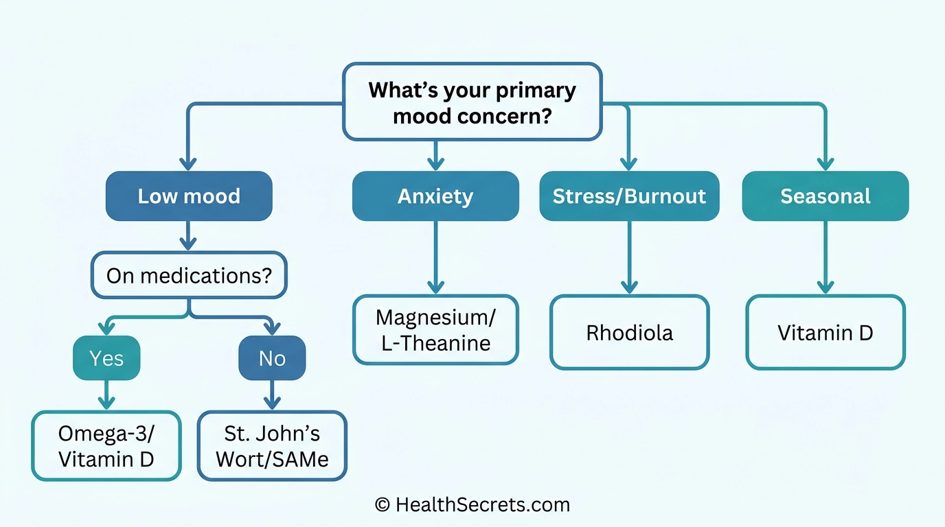 Decision flowchart helping readers choose the right mood supplement based on their primary concern