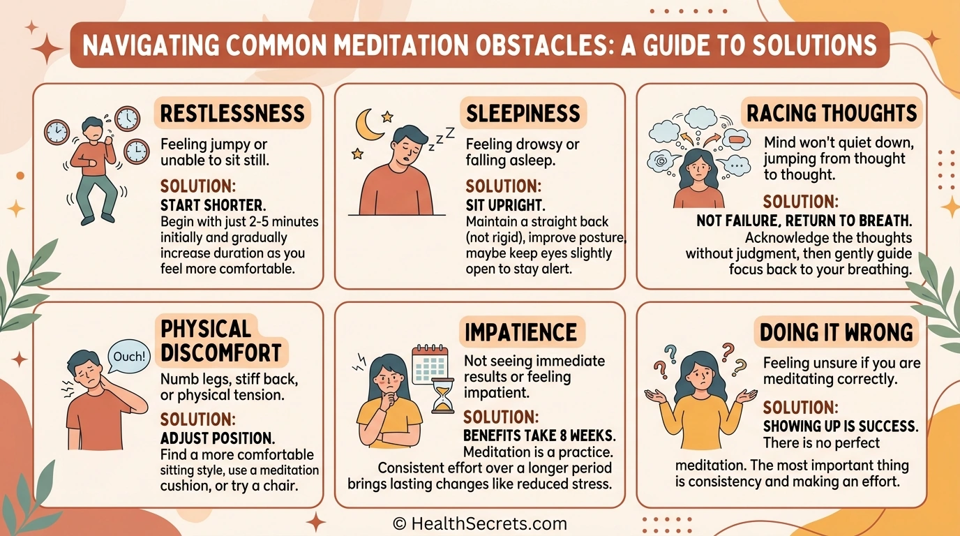 Six common meditation obstacles and solutions including restlessness sleepiness racing thoughts discomfort impatience and self-doubt